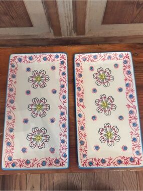 Hand-Painted Floral Ceramic Serving Trays - Set of 2
